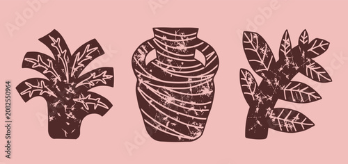 Abstract art of brown plants and brown vase. Isolated on the light pink background