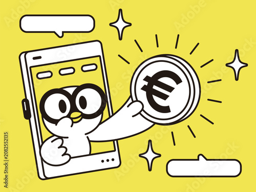 Minimalist vector illustration of a cute white bird wearing glasses, popping out of a smartphone screen and holding a big money coin, for e-commerce, digital banking, or cashback concept.