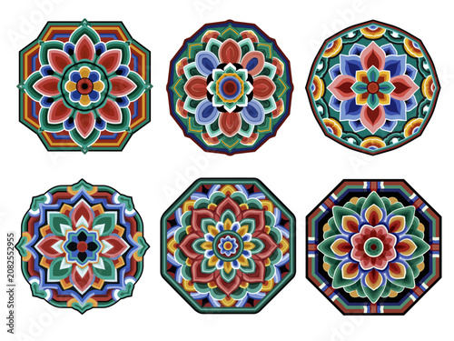 Premium traditional Korean Dancheong lotus mandala emblem pattern set