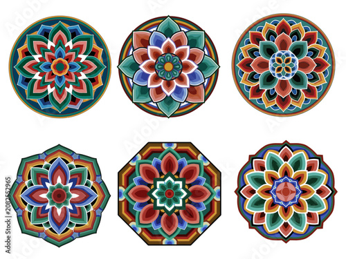 Premium traditional Korean Dancheong lotus mandala emblem pattern set