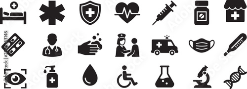 Medical and Healthcare Icon Set, Black Solid Glyphs for Hospital, Clinic, and Medicine Symbols