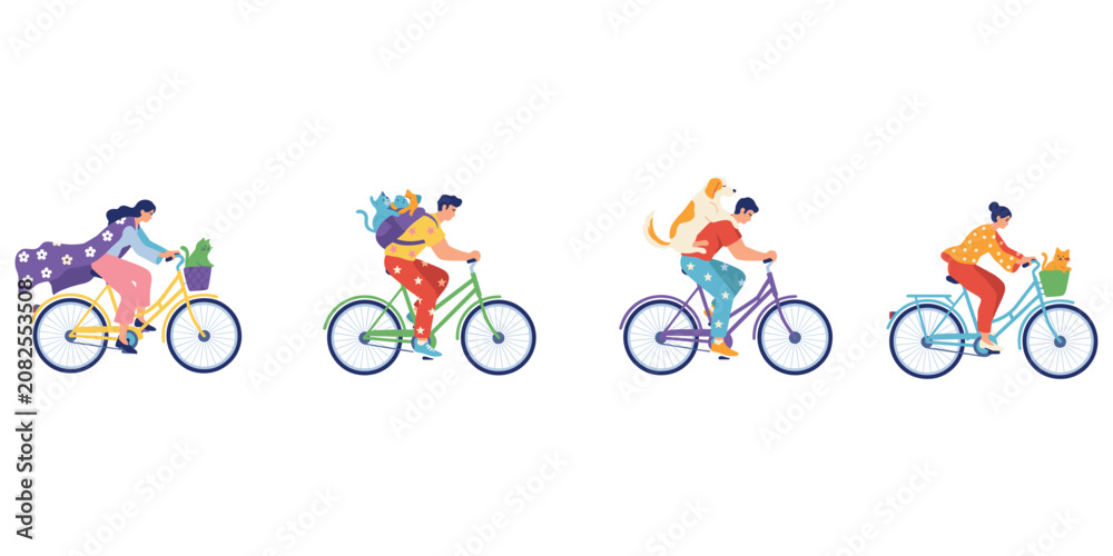 Fototapeta premium Whimsical people cycling with pets, cheerful outdoor activity, playful bicycle ride artwork, colorful companionship illustration, joyful lifestyle concept, flat vector illustration
