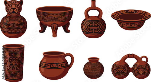 Flat vector set of ancient pre-columbian pottery icons with traditional patterns for cultural branding