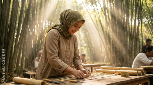 Modest fashion entrepreneur working on bamboo craft project inside a sunlit bamboo forest workshop with natural light rays