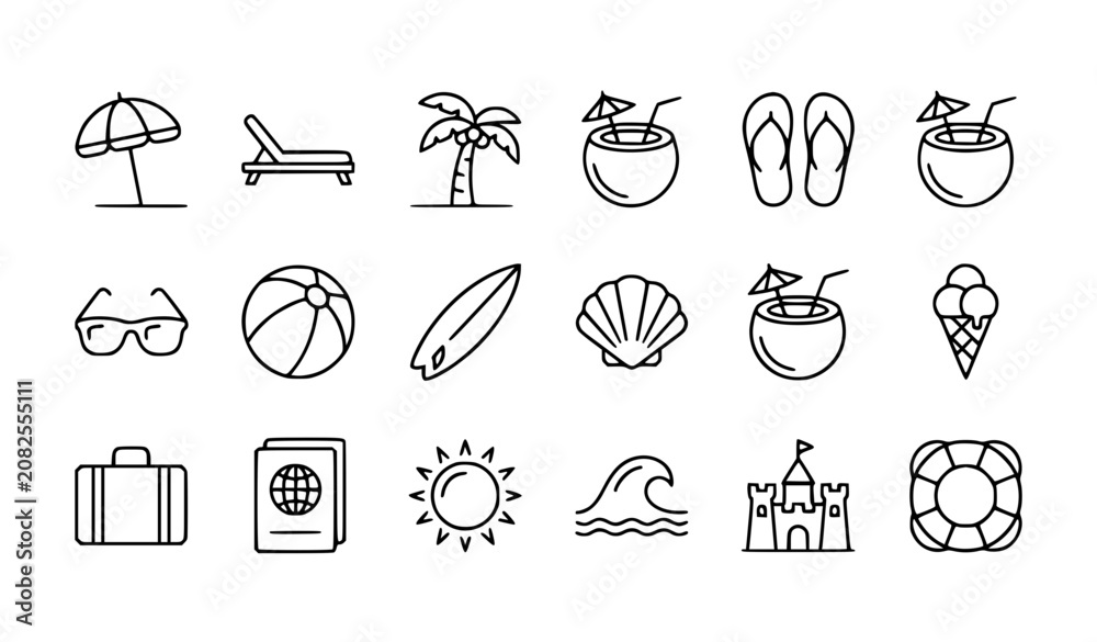 Fototapeta premium Beach Holiday Editable Stroke Icon Set 16 Vector Summer Travel Collection