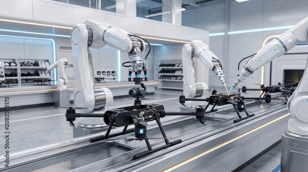 Fototapeta premium Automated robotic arms assembling high-tech drones on a modern factory production line representing industrial innovation