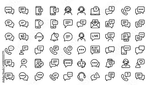 Message and Communication Line Icon Set with Chat Speech Help and Customer Support Symbols