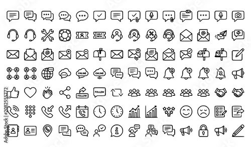 Modern Message and Communication Thin Line Icon Collection with Chat and Help Symbols