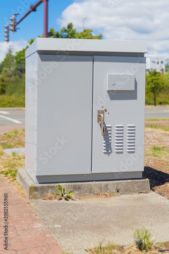 Traffic signal control box cabinet on street sidewalk