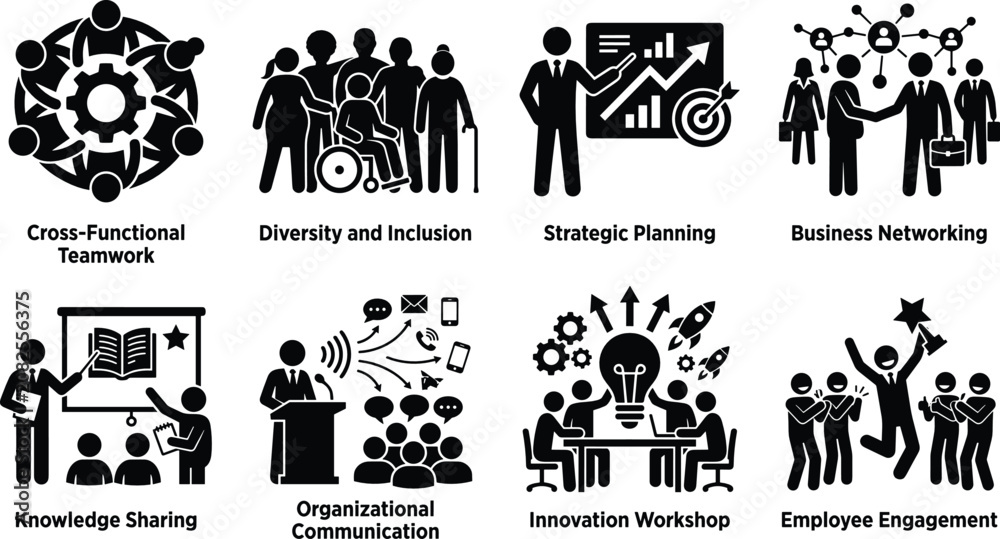 Obraz premium Business Teamwork and Organizational Collaboration Silhouette Icons Set for Leadership Innovation and Employee Engagement