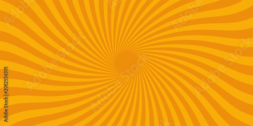 Circus background of spiral yellow orange rays vector illustration. Vintage radial pattern with sunbeams or starburst strip.