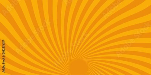 Circus background of spiral yellow orange rays vector illustration. Vintage radial pattern with sunbeams or starburst strip.