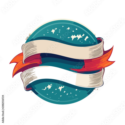 Circular ribbon banner with globe and stars vector illustration