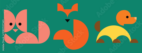Modern geometric animal icon collection featuring a cat, fox, and dog created from simple abstract shapes with a minimalist flat design. This playful vector illustration is ideal for children's brandi