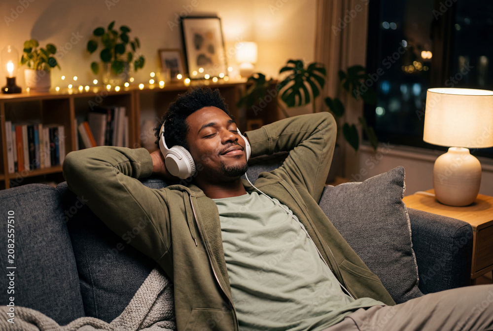 Fototapeta premium Relaxed young black man listening to music on a sofa