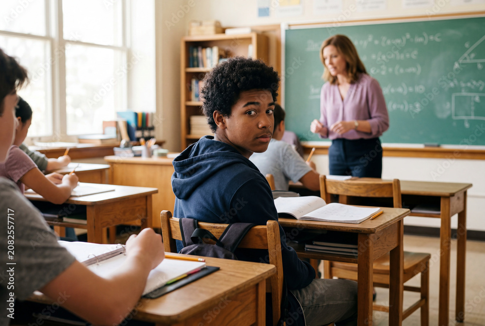 Obraz premium Young student sitting at a classroom desk looking over his shoulder