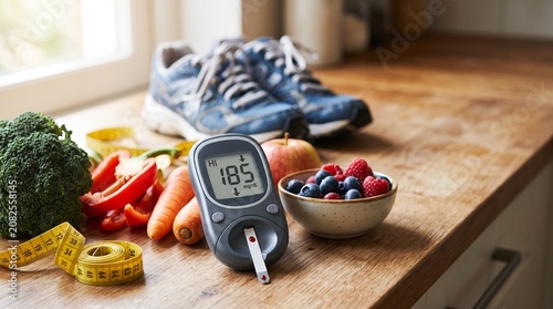Concept of diabetes risk factors and prevention with blood glucose meter, healthy food and lifestyle changes for blood sugar management and chronic disease prevention.