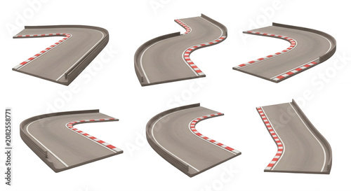 isometric racing track sections on white graphic elements for design curves and turns for motorsport or game elements