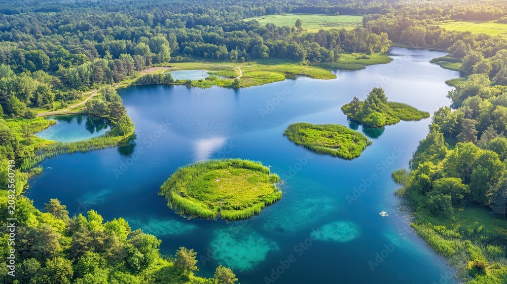 Fototapeta premium An aerial view of a pristine lake system with lush green islands and winding shores under bright sunlight, showcasing natural beauty.