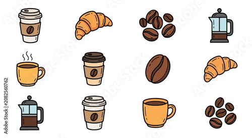 Photography Assortment of hand-drawn coffee and pastry illustrations on a white background