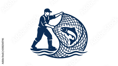 Quadro su tela Man holding large fishing net sea.