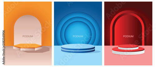 Podium vector with realistic 3d background. Cylindrical podium background with layers wavy shape backdrop wall scene. Abstract minimal scene mockup products display, stage showcase, platforms design. 
