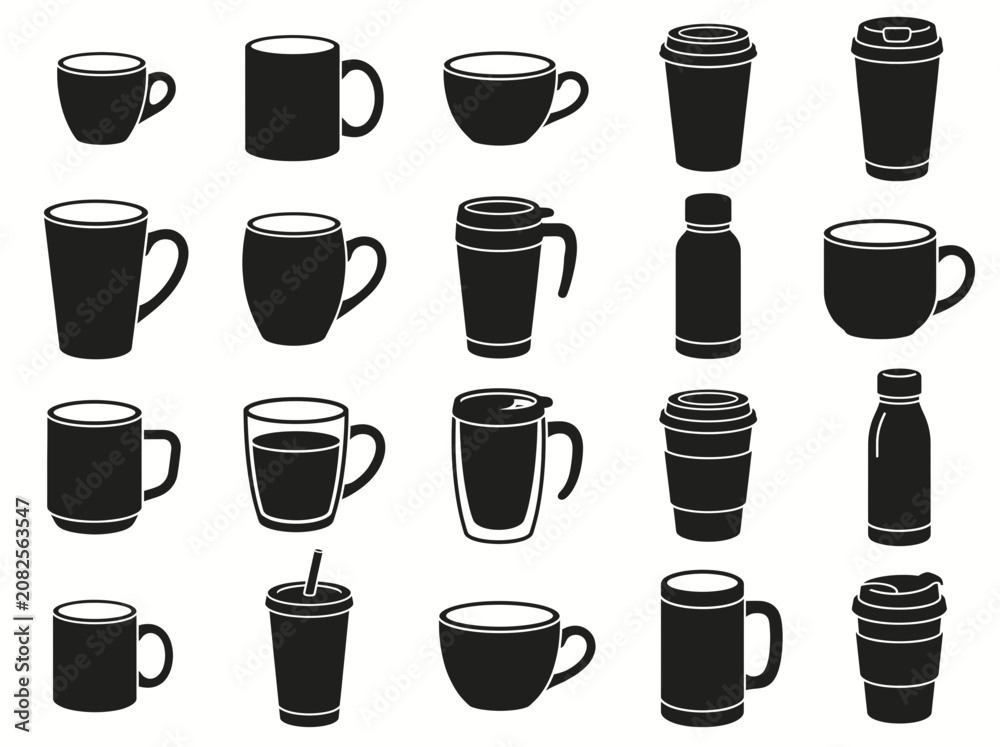 Obraz premium Set of icons with various coffee cups, mugs, and travel tumblers