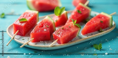 Cute watermelon skewers on blue wood plank Perfect summer treat , healthy, summer snack, snack