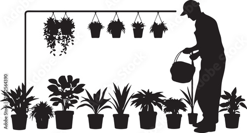 Silhouette of a gardener watering plants, surrounded