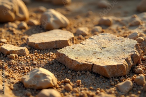 Jagged stone pieces, sunlight reveals detail, dry environment, weathered, rock