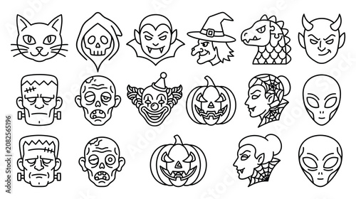 Tableau sur toile Spooky halloween character head line art set featuring monsters witches and spooky pumpkins