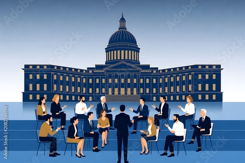Citizens Discuss Democratic Policies Before Modern Parliament Illustration