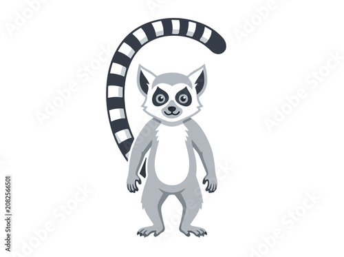 Cute cartoon lemur illustration with a long striped tail standing upright.