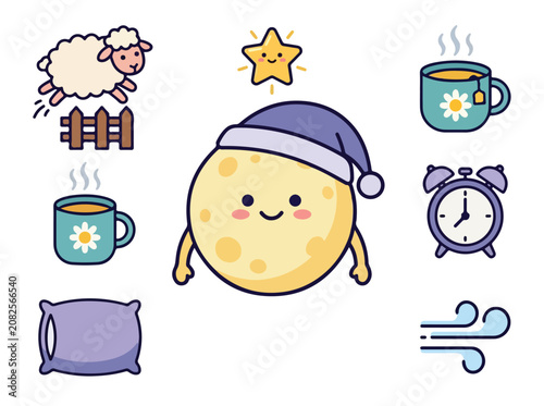 Cute cartoon moon character with bedtime elements collection.