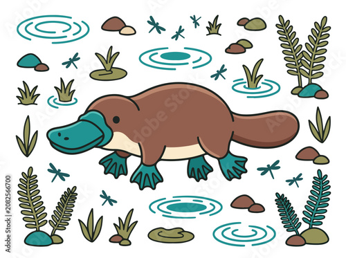Cute cartoon platypus illustration on white background.