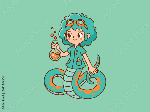 Cute cartoon snake girl scientist holding a chemistry flask.