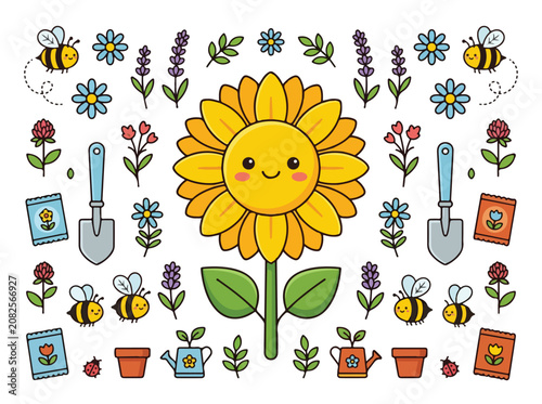 Cute Cartoon Sunflower and Gardening Elements Collection.