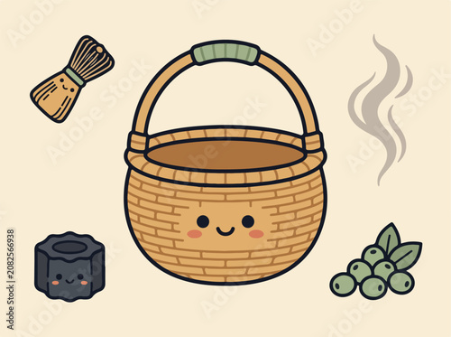 Cute cartoon tea ceremony basket with matcha accessories.