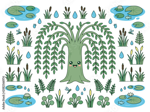 Cute Cartoon Willow Tree Character Illustration.