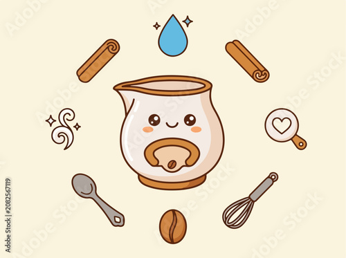 Cute Kawaii Coffee Pitcher Character Surrounded by Cooking Tools and Ingredients.