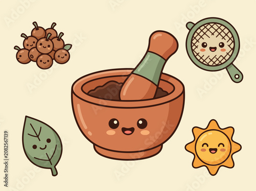 Cute Kawaii Illustration of Kitchen Mortar and Pestle Set.