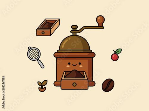 Cute Kawaii Style Illustration of a Vintage Coffee Grinder.