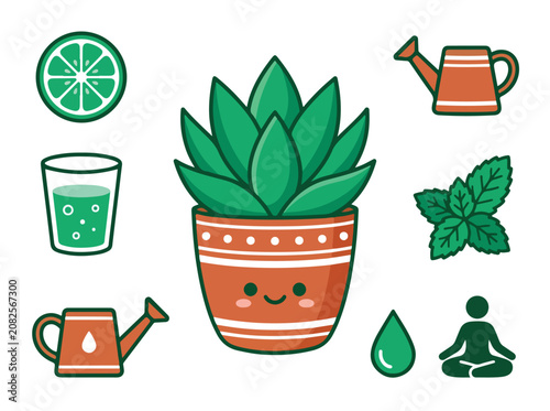 Cute succulent plant in a patterned pot with gardening and wellness icons.