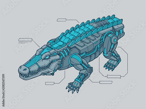 Futuristic mechanical crocodile cyborg with digital data interface.