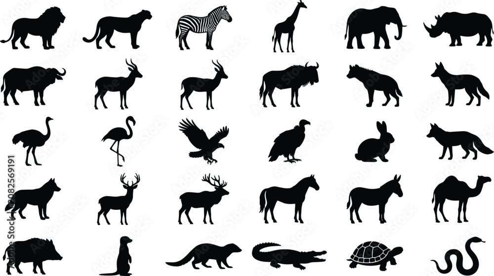 Fototapeta premium Set of black silhouette icons featuring various wild animals on a clean white background