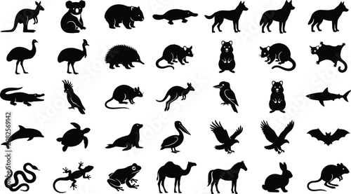 Tableau sur toile Set of Australian fauna animal silhouettes including kangaroo koala platypus din