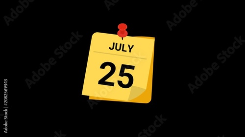 animated sticky note calendar showing July 25 with transparent background