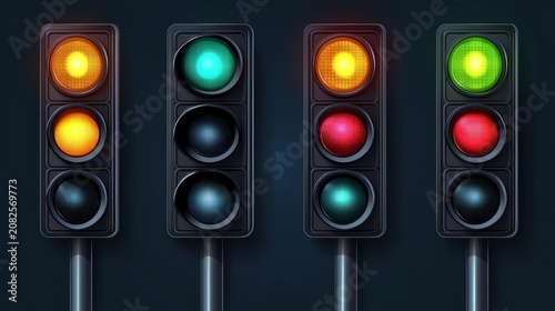 Two modern solar powered traffic lights showing green and amber red signal indications against a dark background