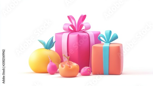 Vibrant abstract fruits and festive gift boxes with playful ribbons arranged on a clean white background