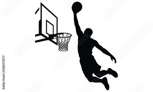 Foto Athletic basketball player performing a powerful slam dunk maneuver towards the